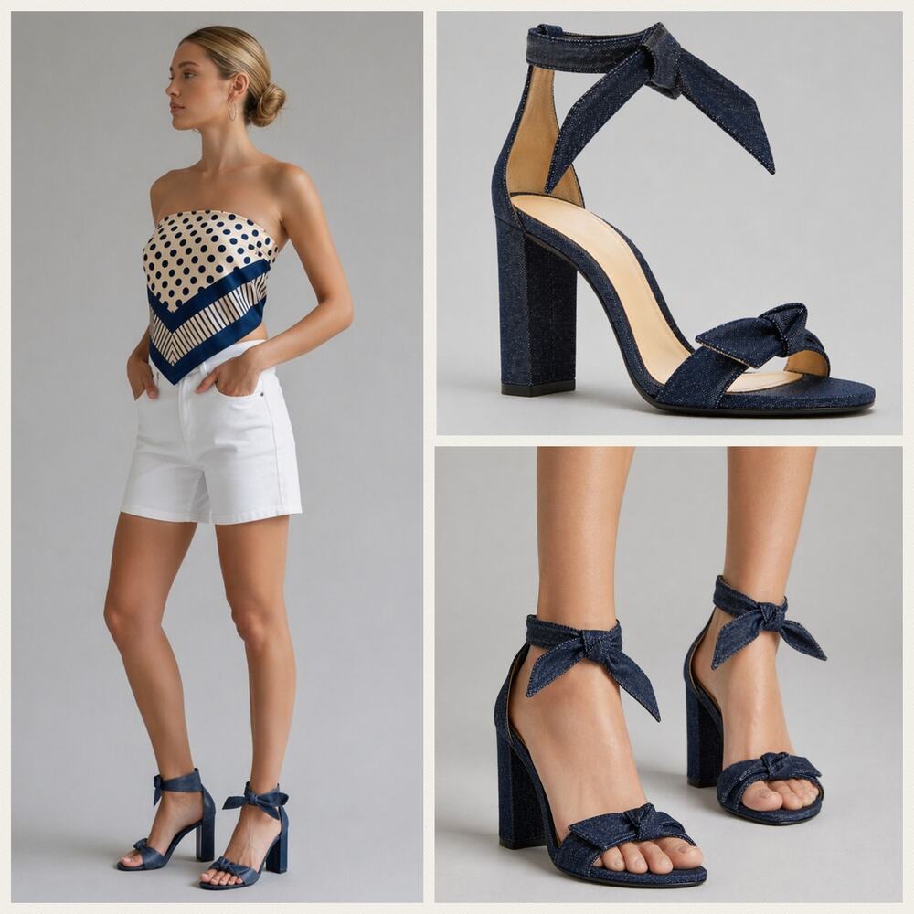 Alexandre Birman Clarita Denim Bow Block Heel Sandals $695 Size 35 US 5 S4070